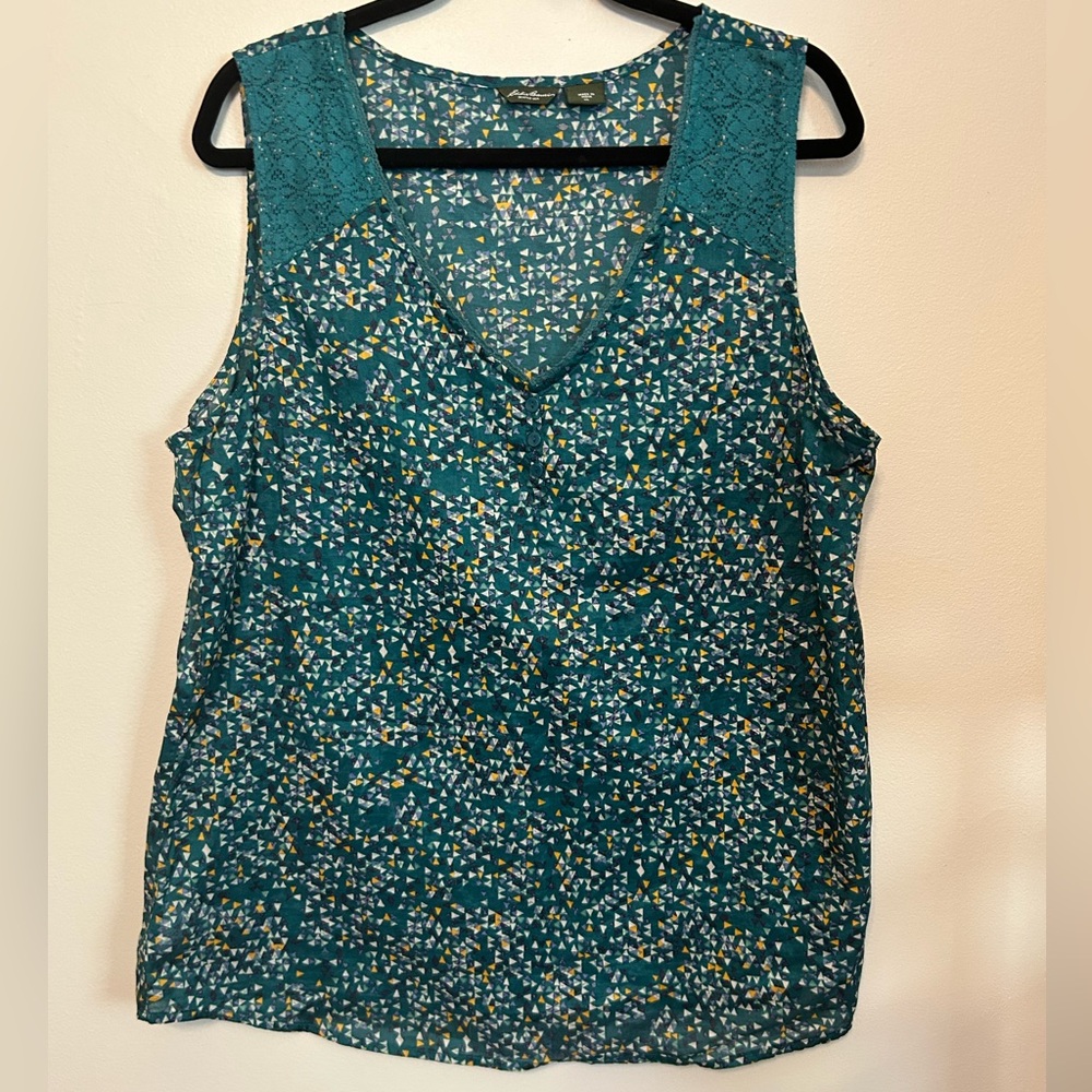 Eddie Bauer Teal Printed Lace-Shoulder Tank Top